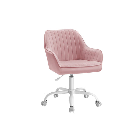 Rootz Velvet Covered Office Chair - Adjustable Height - Pastel Pink - Steel Frame - Nylon Wheels - Foam Padding - 64cm x 62cm x (80-90)cm