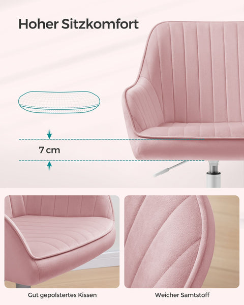 Rootz Velvet Covered Office Chair - Adjustable Height - Pastel Pink - Steel Frame - Nylon Wheels - Foam Padding - 64cm x 62cm x (80-90)cm