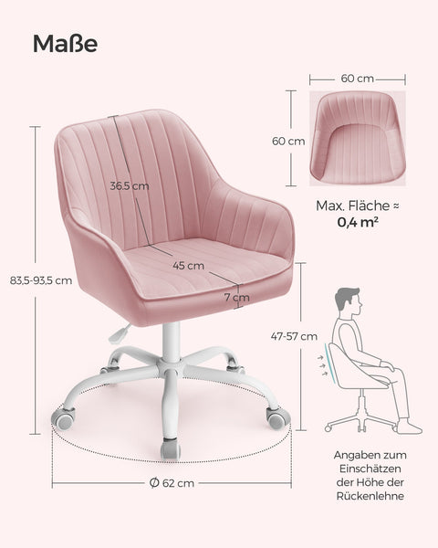 Rootz Velvet Covered Office Chair - Adjustable Height - Pastel Pink - Steel Frame - Nylon Wheels - Foam Padding - 64cm x 62cm x (80-90)cm