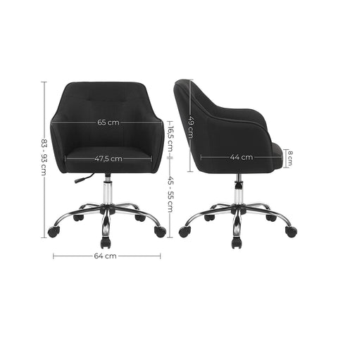 Rootz Height-Adjustable Office Chair - Desk Chair - Swivel Chair - Black Imitation Linen - Modern Design - PU Wheels - Steel Frame - 65cm x 69cm x (83-93)cm