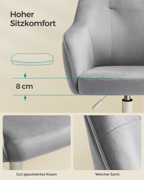 Rootz Swivel Chair - Office Chair - Rolling Chair - Steel Frame - Velvet Upholstery - Adjustable Height - 64cm x 64cm x (83-93)cm - Dove Gray
