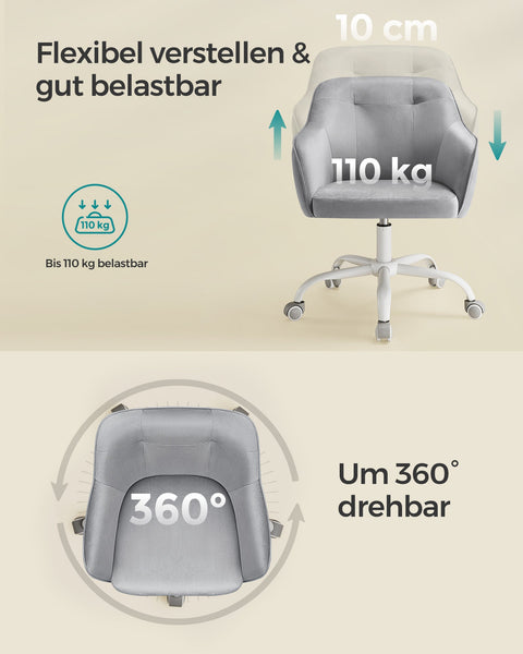 Rootz Swivel Chair - Office Chair - Rolling Chair - Steel Frame - Velvet Upholstery - Adjustable Height - 64cm x 64cm x (83-93)cm - Dove Gray