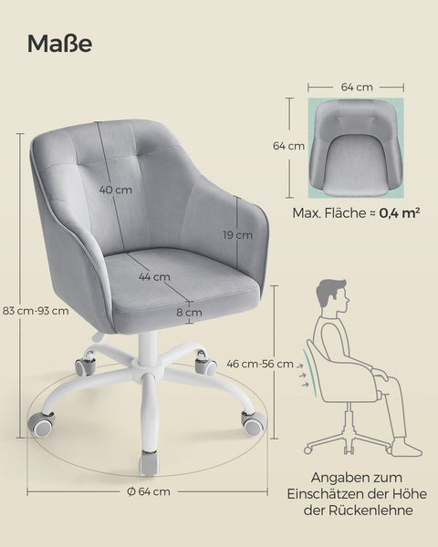 Rootz Swivel Chair - Office Chair - Rolling Chair - Steel Frame - Velvet Upholstery - Adjustable Height - 64cm x 64cm x (83-93)cm - Dove Gray