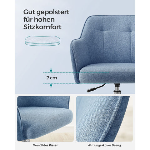 Rootz Swivel Chair - Blue - Steel Frame - Foam Padding - Cotton Linen Blend - PU Wheels - Ergonomic Design - Adjustable Height - Lightweight - 69cm x 65cm x (83-93cm)