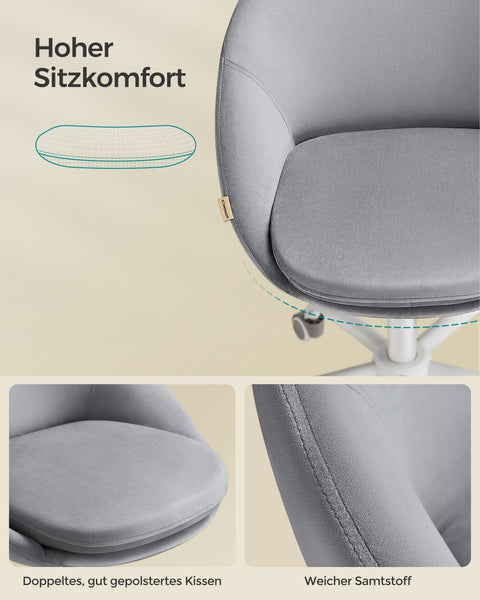 Rootz Swivel Chair - Office Chair - Rolling Chair - Steel Frame - Velvet - Nylon Wheels - 28 kg/m3 Foam Padding - 60cm x 60cm x (80-90)cm - Dove Gray - 8.2kg - 110kg Max Load Capacity