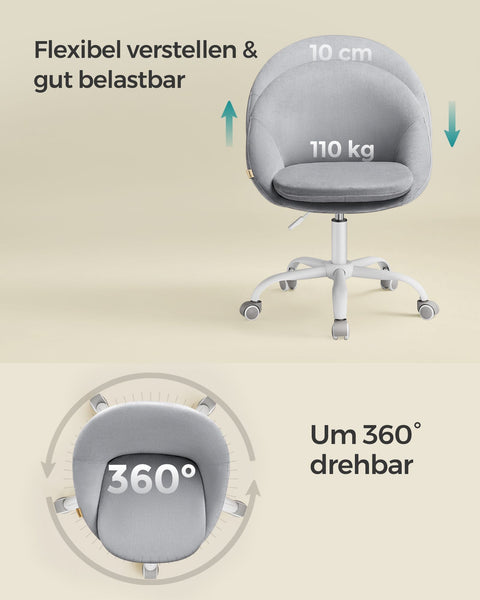 Rootz Swivel Chair - Office Chair - Rolling Chair - Steel Frame - Velvet - Nylon Wheels - 28 kg/m3 Foam Padding - 60cm x 60cm x (80-90)cm - Dove Gray - 8.2kg - 110kg Max Load Capacity