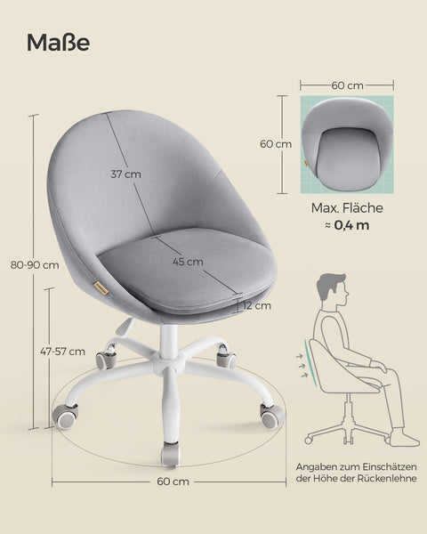 Rootz Swivel Chair - Office Chair - Rolling Chair - Steel Frame - Velvet - Nylon Wheels - 28 kg/m3 Foam Padding - 60cm x 60cm x (80-90)cm - Dove Gray - 8.2kg - 110kg Max Load Capacity