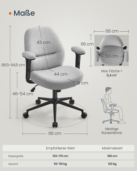 Rootz Ergonomic Desk Chair - Office Chair - Adjustable Armchair - Enhanced Comfort - 66 x 66 x (86.5-94.5) cm