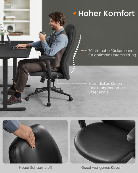 Rootz Office Chair - Swivel Chair - Adjustable Armrests - Ink Black - Steel & PU - Ergonomic Design - 70cm x 70cm x (114-122)cm
