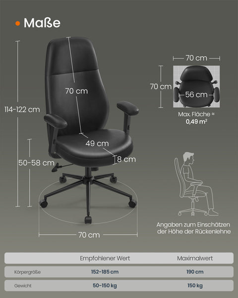 Rootz Office Chair - Swivel Chair - Adjustable Armrests - Ink Black - Steel & PU - Ergonomic Design - 70cm x 70cm x (114-122)cm