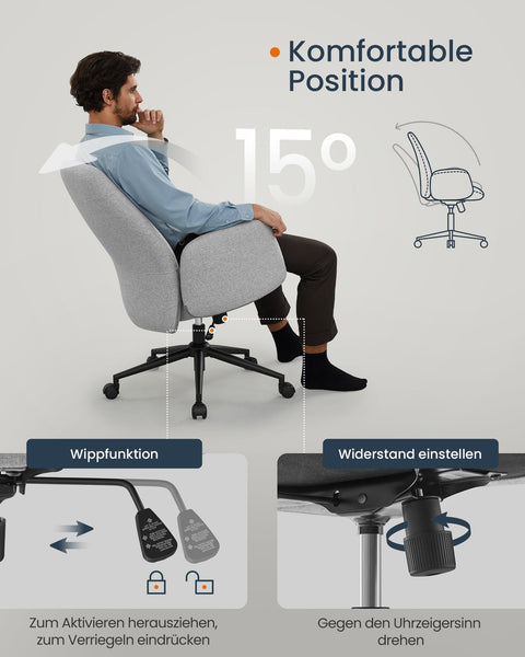 Rootz Swivel Chair with Dove Gray Armrests - Office Seat - Height-Adjustable - Steel Frame - Cotton-Linen Blend - 70cm x 70cm x (101-109cm)