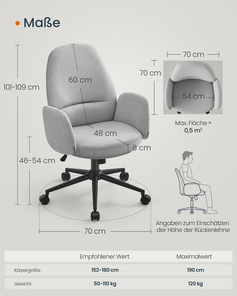 Rootz Swivel Chair with Dove Gray Armrests - Office Seat - Height-Adjustable - Steel Frame - Cotton-Linen Blend - 70cm x 70cm x (101-109cm)