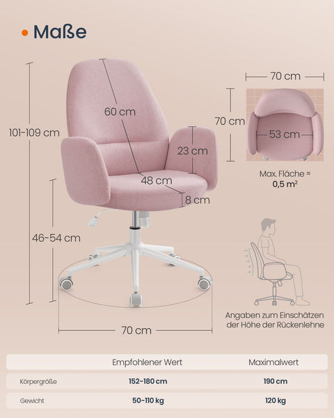 Rootz Swivel Chair Height Adjustable with Armrests - Pastel Pink - Task Chair - Ergonomic Office Chair - 70cm x 70cm x (101-109cm)