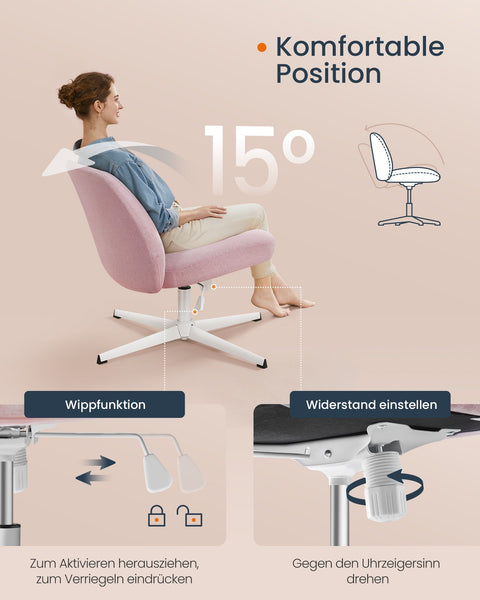 Rootz Pink Office Chair - Wide Seat - Cross Base - Steel & Cotton-Linen - Adjustable Height - 72cm x 72cm x 75-83cm