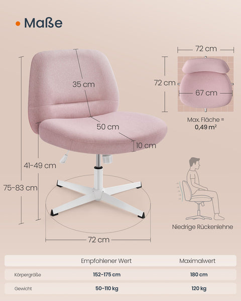 Rootz Pink Office Chair - Wide Seat - Cross Base - Steel & Cotton-Linen - Adjustable Height - 72cm x 72cm x 75-83cm