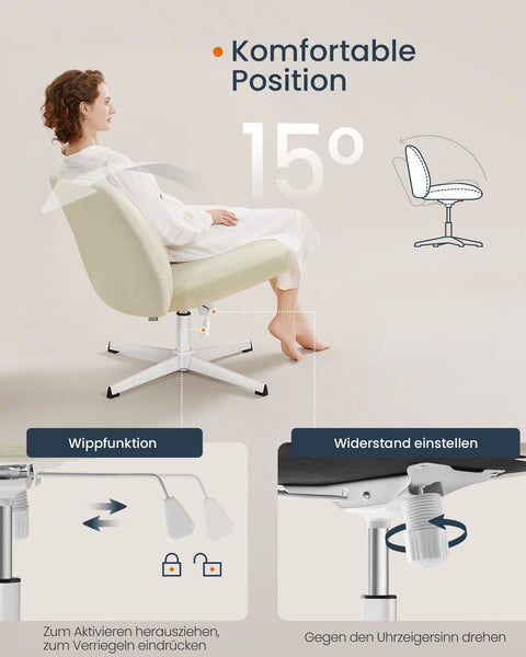 Rootz Wide Seat Office Chair - Cream White - Cross Base - Steel Construction - Cotton-Linen Blend Upholstery - Adjustable Height - 72cm x 72cm x (75-83cm)