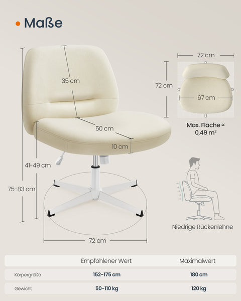 Rootz Wide Seat Office Chair - Cream White - Cross Base - Steel Construction - Cotton-Linen Blend Upholstery - Adjustable Height - 72cm x 72cm x (75-83cm)