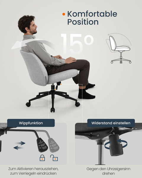 Rootz Wide Seat Office Chair - Grey Chair - Ergonomic Chair - Steel Frame - Cotton-Linen Blend - Adjustable Height - 70cm x 70cm x (82-90)cm