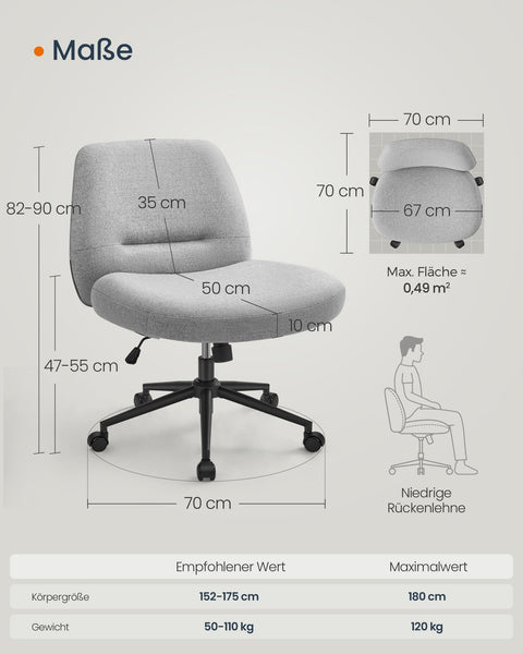 Rootz Wide Seat Office Chair - Grey Chair - Ergonomic Chair - Steel Frame - Cotton-Linen Blend - Adjustable Height - 70cm x 70cm x (82-90)cm