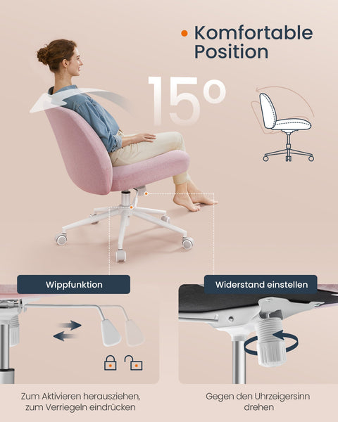 Rootz Wide Seat Office Chair - Pastel Pink Base - Swivel Chair - Ergonomic Design - 70cm x 70cm x (82-90cm) - Steel Frame