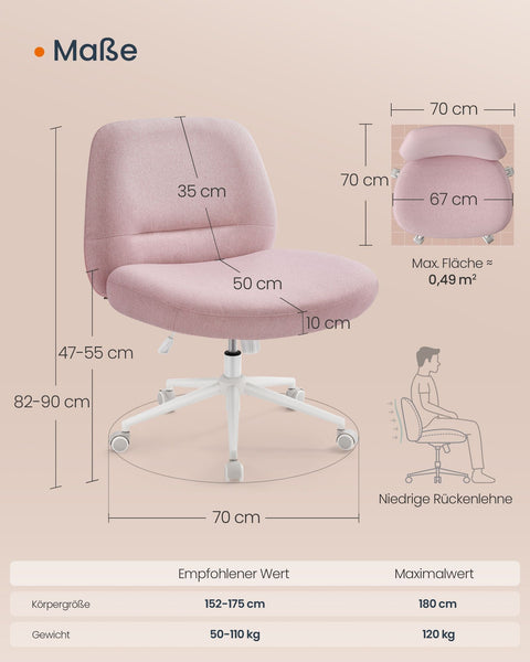 Rootz Wide Seat Office Chair - Pastel Pink Base - Swivel Chair - Ergonomic Design - 70cm x 70cm x (82-90cm) - Steel Frame
