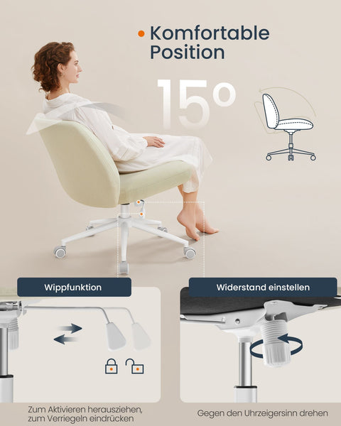Rootz Ergonomic Office Chair - Wide Seat - Cream White - Steel Frame - Cotton-Linen Blend - Adjustable Height - 70cm x 70cm x 82-90cm