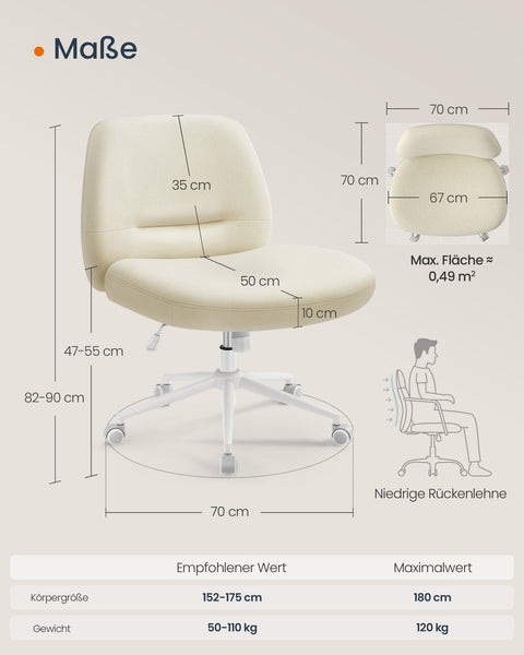 Rootz Ergonomic Office Chair - Wide Seat - Cream White - Steel Frame - Cotton-Linen Blend - Adjustable Height - 70cm x 70cm x 82-90cm