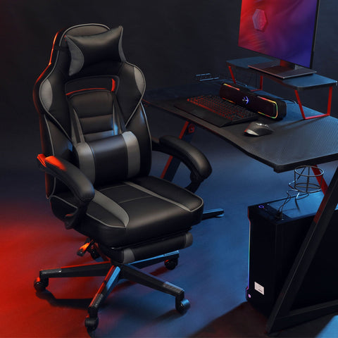 Rootz Gaming Chair - Racing Style Chair - Reclining Office Chair - Black-Gray - PU Plastic - High Density Foam - Steel - Nylon - 67cm x 66cm x 126cm - Comfortable Seat Cushion - Adjustable Footrest - Ergonomic Design