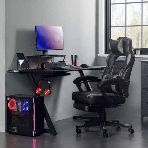Rootz Gaming Chair - Racing Style Chair - Reclining Office Chair - Black-Gray - PU Plastic - High Density Foam - Steel - Nylon - 67cm x 66cm x 126cm - Comfortable Seat Cushion - Adjustable Footrest - Ergonomic Design