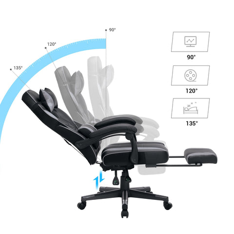 Rootz Gaming Chair - Racing Style Chair - Reclining Office Chair - Black-Gray - PU Plastic - High Density Foam - Steel - Nylon - 67cm x 66cm x 126cm - Comfortable Seat Cushion - Adjustable Footrest - Ergonomic Design