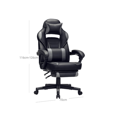 Rootz Gaming Chair - Racing Style Chair - Reclining Office Chair - Black-Gray - PU Plastic - High Density Foam - Steel - Nylon - 67cm x 66cm x 126cm - Comfortable Seat Cushion - Adjustable Footrest - Ergonomic Design