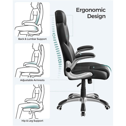 Rootz Office Chair - Office Chair With Folding Armrests - Ergonomic Office Chair - Adjustable Swivel Chair - Modern Desk Chair - Armrest Office Chair - Plywood - Black - 70 x 72 x (119-129) cm (L x W x H)