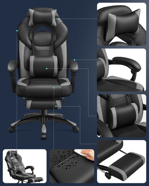 Rootz Gaming Chair - Racing Chair - Office Chair - Lumbar Support - Adjustable Backrest - Faux Leather - 70cm x 64cm x 128cm