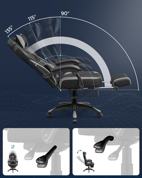 Rootz Gaming Chair - Racing Chair - Office Chair - Lumbar Support - Adjustable Backrest - Faux Leather - 70cm x 64cm x 128cm