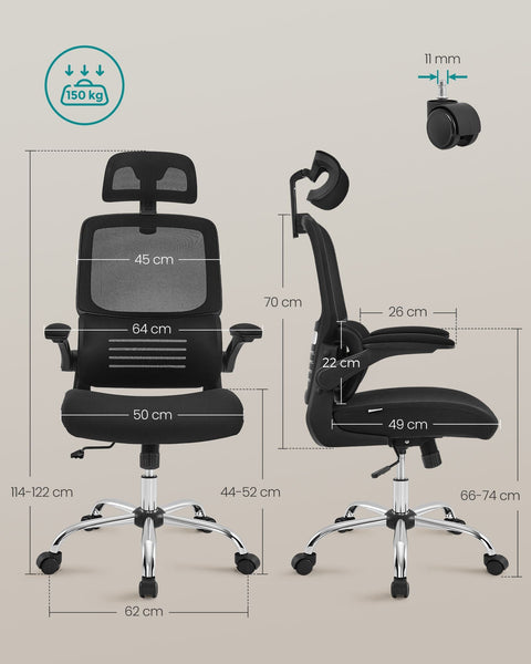 Rootz Ergonomic Office Chair - Desk Chair - Swivel Chair - Steel Frame - Foam Padding - Ink Black - 62cm x 64cm x (114-122)cm - Adjustable Seat Height - Comfortable Seat Size - Supportive Armrests - 13.2kg - 150kg Weight Capacity