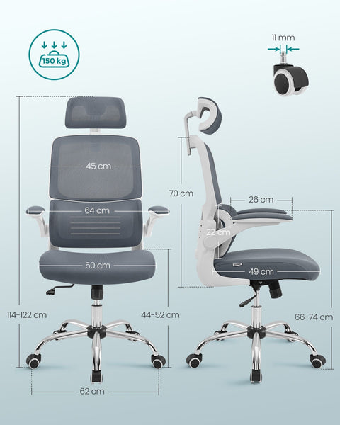 Rootz Dove Gray Office Chair - Ergonomic Chair - Padded Seat - Adjustable Height - Steel Frame - 62cm x 64cm x (114-122)cm