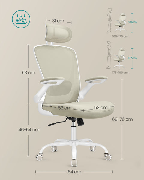 Rootz Ergonomic Office Chair - Mesh - Cappuccino Beige - Plastic Foam - Nylon Steel - 64cm x 64cm x (115-130cm)