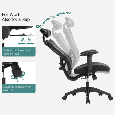 Rootz Ergonomic Black Office Chair - Swivel Chair - Adjustable Desk Chair - Foam Padded - Steel Frame - 68cm x 66cm x (114-123.5)cm - Polyester Fabric - 45-54.5cm Seat Height - 150kg Capacity