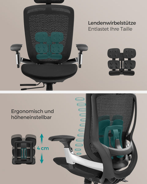 Rootz Ergonomic Office Chair - Desk Chair - Swivel Chair - Steel Frame - Adjustable Height - Ink Black - 70cm x 70cm x (115-125)cm