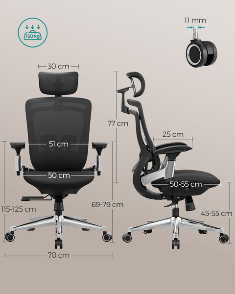 Rootz Ergonomic Office Chair - Desk Chair - Swivel Chair - Steel Frame - Adjustable Height - Ink Black - 70cm x 70cm x (115-125)cm