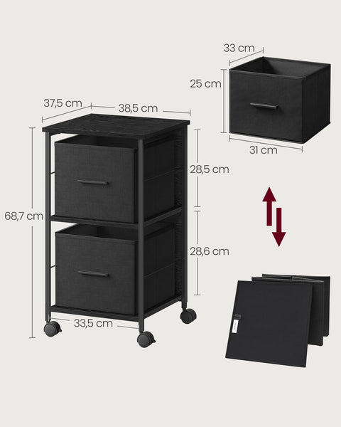 Rootz 2 Drawer Filing Cabinet - Office Storage - Organizer - Chipboard Steel Construction - Ebony Black-Ink Black - 37.5cm x 38.5cm x 68.7cm - Max. 50kg Capacity