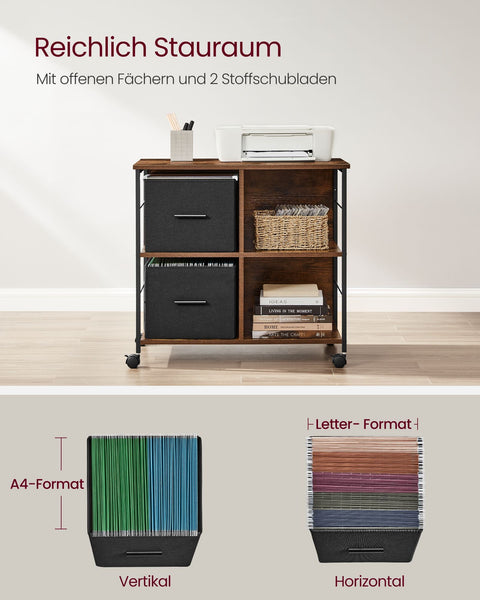 Rootz Vintage Brown-Black Filing Cabinet - Storage Organizer - File Cabinet - Chipboard Construction - Steel Frame - Non-Woven Fabric - 37.5cm x 73.5cm x 69cm - Lightweight - Easy Assembly - Durable