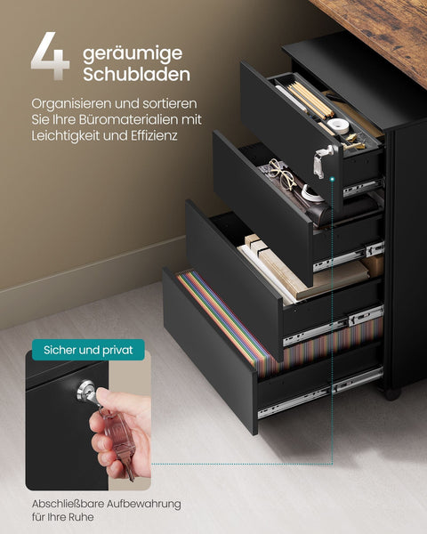Rootz Rolling Container with 4 Drawers - Storage Cart - Mobile Organizer - Steel Material - 45cm x 39cm x 55cm - Matte Black NdrFc