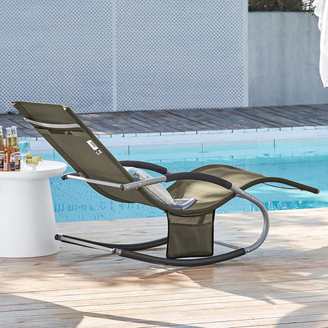 Rootz Elegant Sun Lounger - Rocking Garden Lounger - Deck Chair - Breathable Synthetic Fiber - Removable Pillow - Integrated Side Pockets - Soft EVA Armrests - 150kg Load Capacity - Dimensions as per Illustration