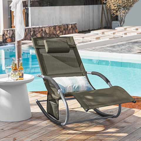 Rootz Elegant Sun Lounger - Rocking Garden Lounger - Deck Chair - Breathable Synthetic Fiber - Removable Pillow - Integrated Side Pockets - Soft EVA Armrests - 150kg Load Capacity - Dimensions as per Illustration