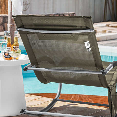 Rootz Elegant Sun Lounger - Rocking Garden Lounger - Deck Chair - Breathable Synthetic Fiber - Removable Pillow - Integrated Side Pockets - Soft EVA Armrests - 150kg Load Capacity - Dimensions as per Illustration