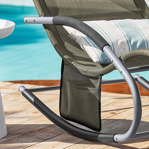 Rootz Elegant Sun Lounger - Rocking Garden Lounger - Deck Chair - Breathable Synthetic Fiber - Removable Pillow - Integrated Side Pockets - Soft EVA Armrests - 150kg Load Capacity - Dimensions as per Illustration