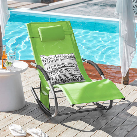 Rootz Garden Lounger - Sun Lounger - Rocking Chair - Breathable Fabric - Removable Pillow - Integrated Side Pockets - Soft EVA Armrests - 150kg Load Capacity - Dimensions as per Illustration - Green