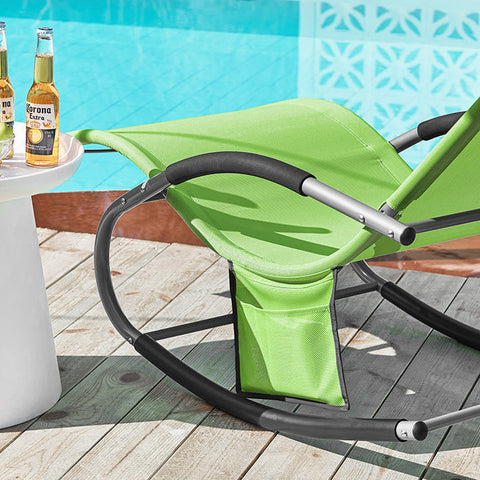 Rootz Garden Lounger - Sun Lounger - Rocking Chair - Breathable Fabric - Removable Pillow - Integrated Side Pockets - Soft EVA Armrests - 150kg Load Capacity - Dimensions as per Illustration - Green