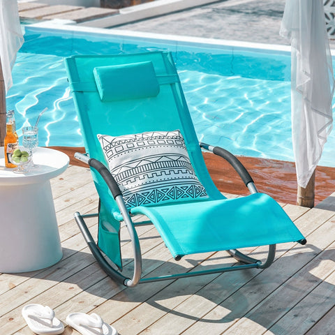 Rootz Set of 2 Garden Loungers - Sun Lounger - Rocking Chair - Breathable Synthetic Fiber - Removable Pillow - Integrated Side Pockets - Coated EVA Armrests - 150 kg Load Capacity - Dimensions as Illustrated - Turquoise